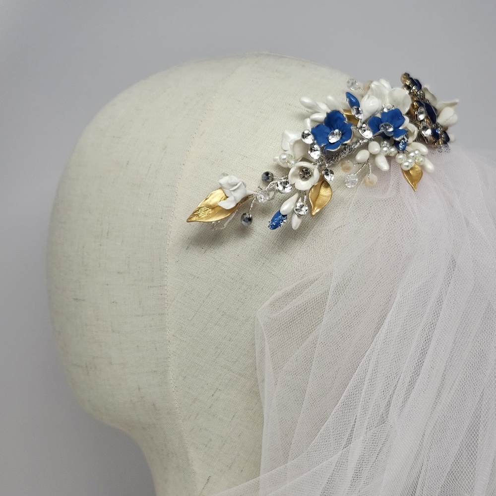 Elegant Blue and Gold Floral Headband - Picture 15 of 15